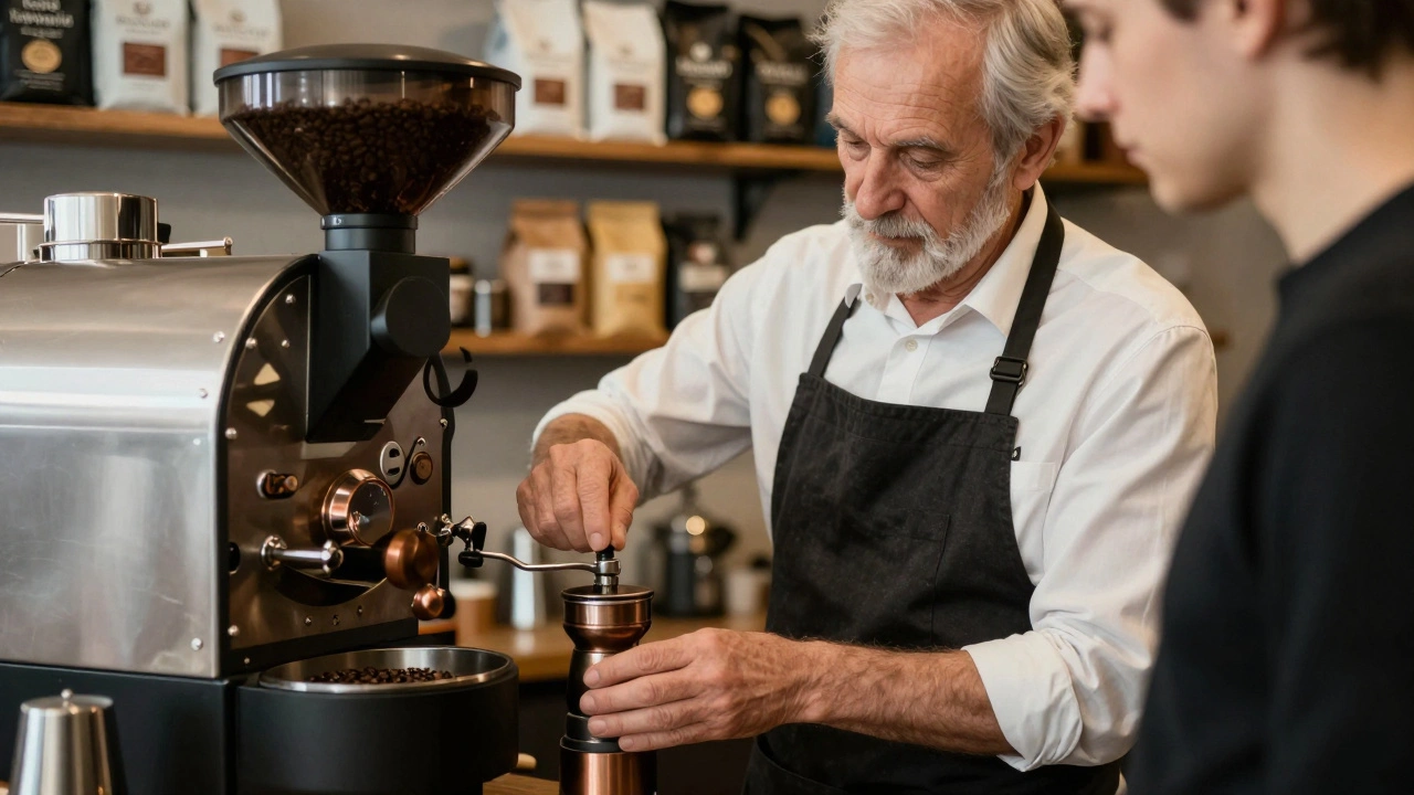 Досвідчений бариста навчає новачка правильно молоти каву в сучасній кав’ярні Києва.