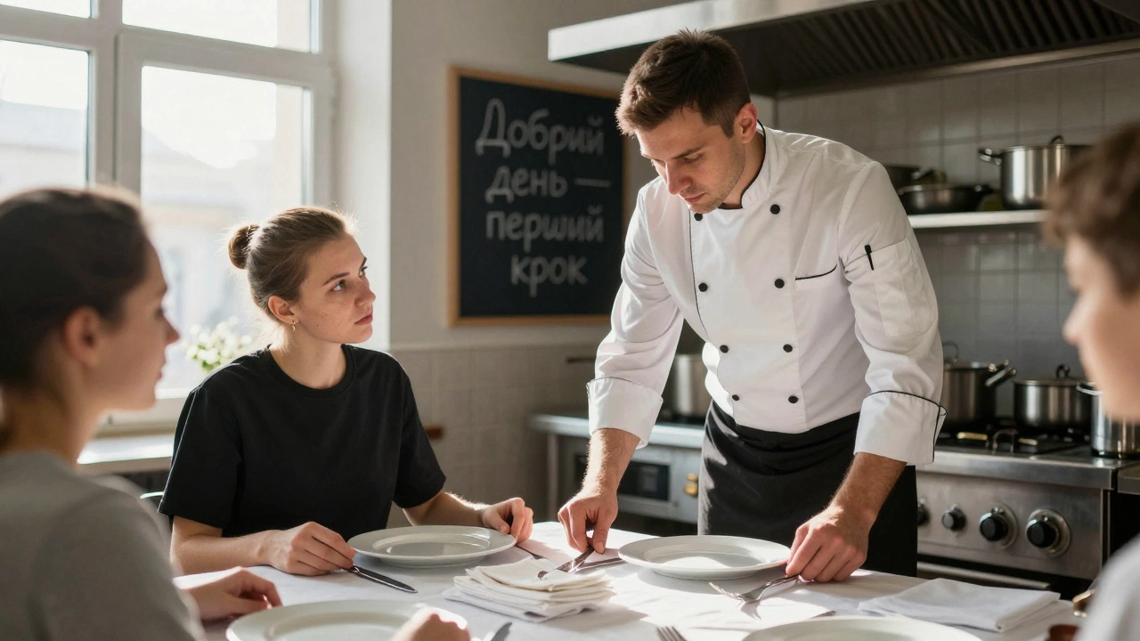Досвідчений шеф навчає новачка правильно сервірувати стіл, сонце освітлює кухню ранком.