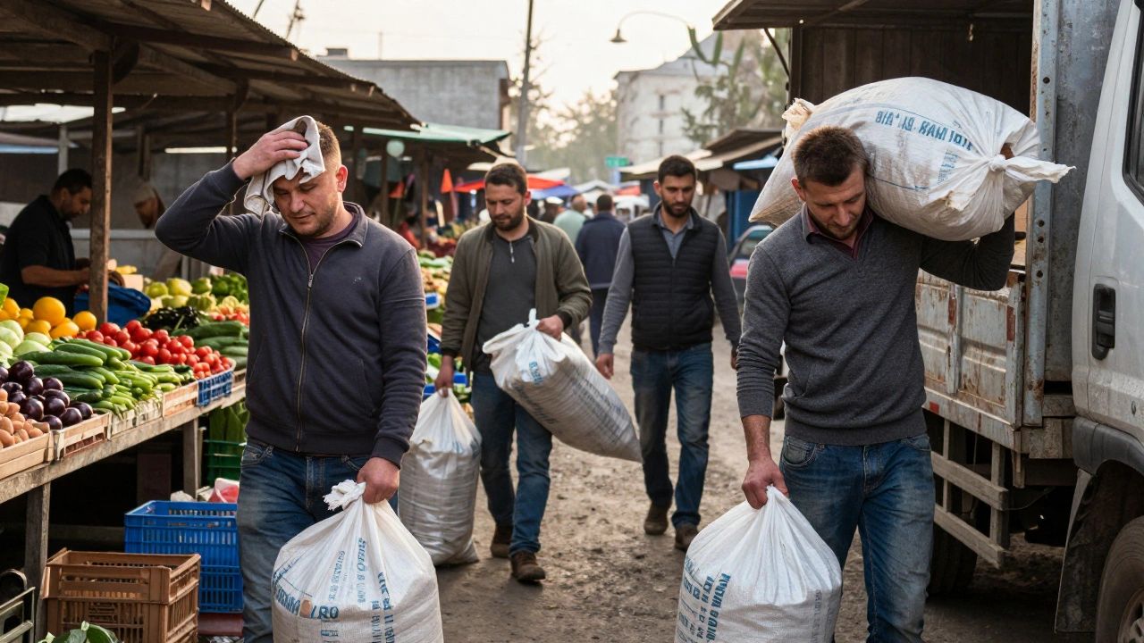Група чоловіків перетягує овочі з вантажівки на ринку в Києві.