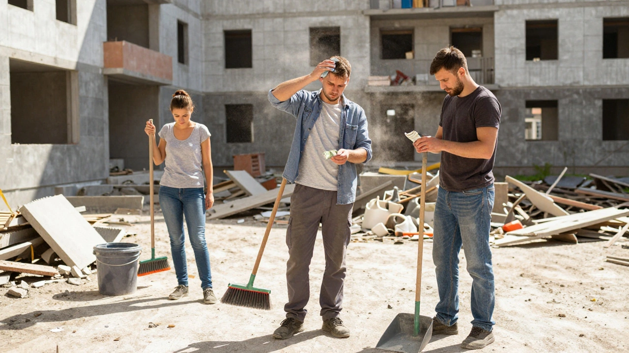 Група працівників прибирає сміття після ремонту в новобудові в Оболоні.