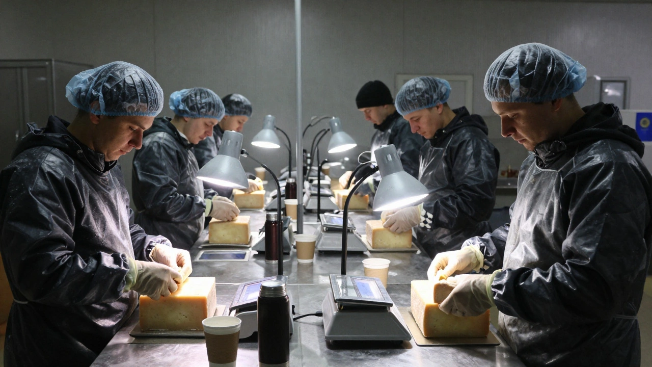 Група працівників у харчовому цеху вночі пакує сир у коробки, навколо — палети і ваги.