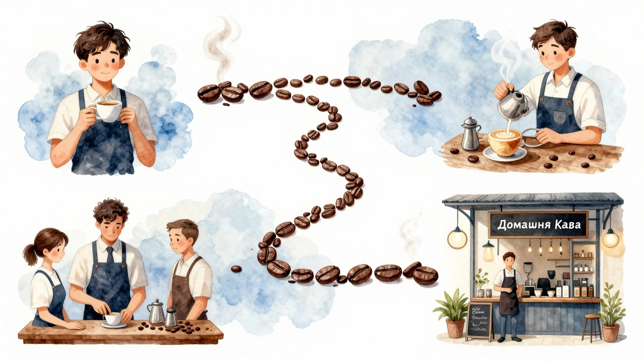 Кар’єрний шлях бариста в Києві: від новачка до власника кав’ярні, зображений у чотирьох сценах.