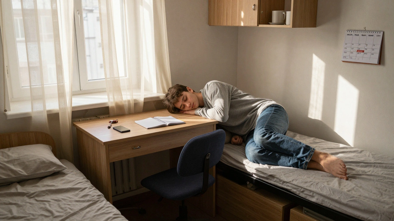 Комфортна кімната дежурного у гуртожитку з ліжком, столом і міні-кухнею вдень.