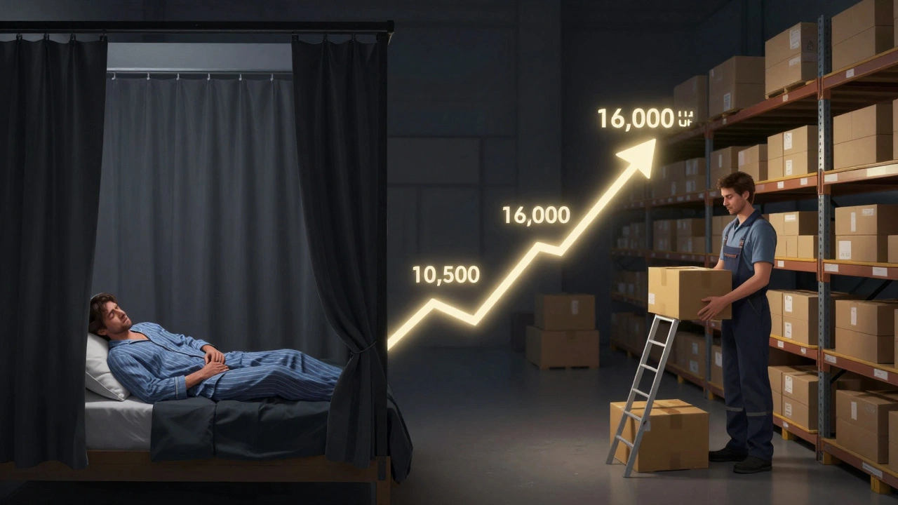 Концептуальна сцена: людина спить вдень, а вночі працює на складі — шлях до кращого заробітку.