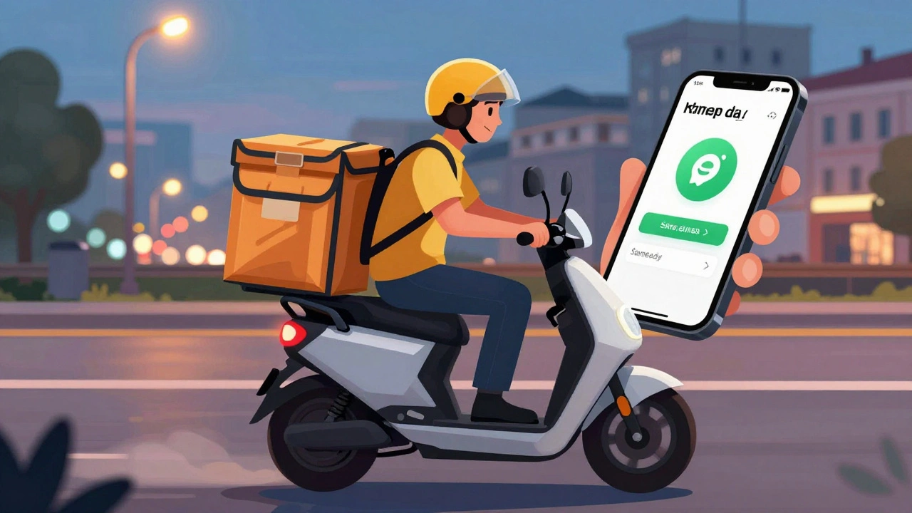 Кур&#039;єр на електросамокаті їде по вулицях Києва з посилками вночі.