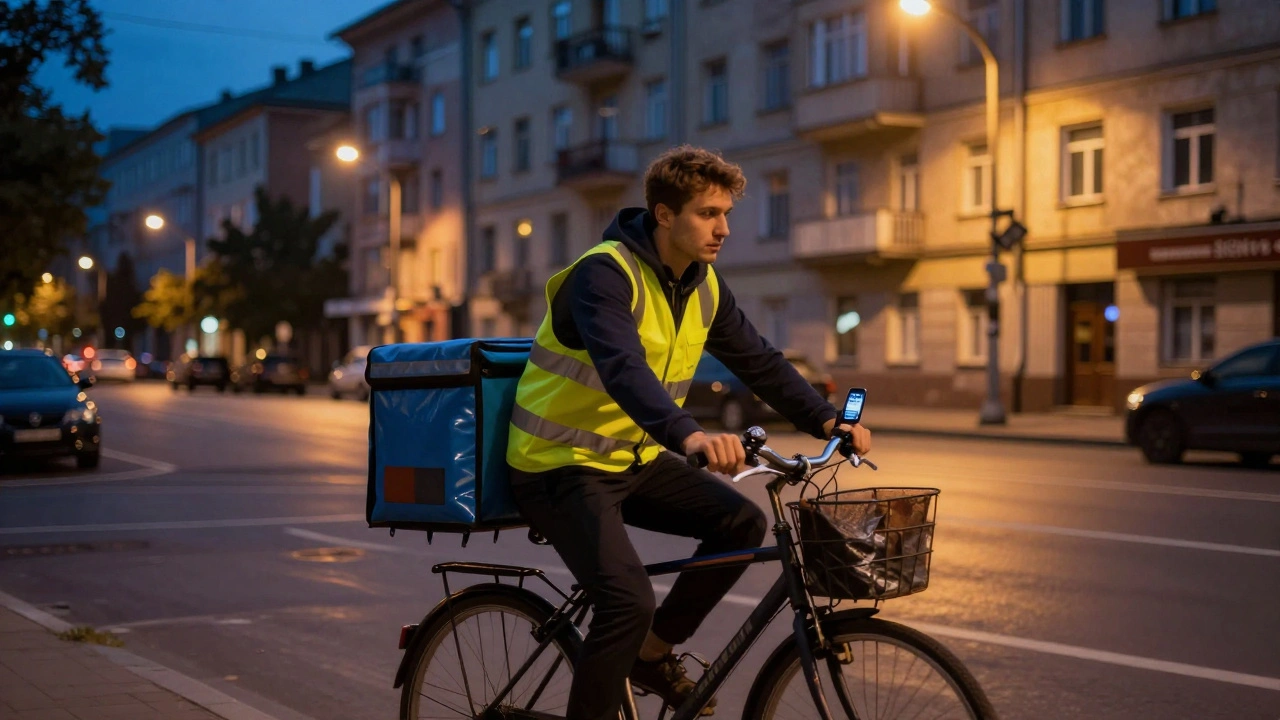 Кур&#039;єр на велосипеді доставляє замовлення вночі в Києві.