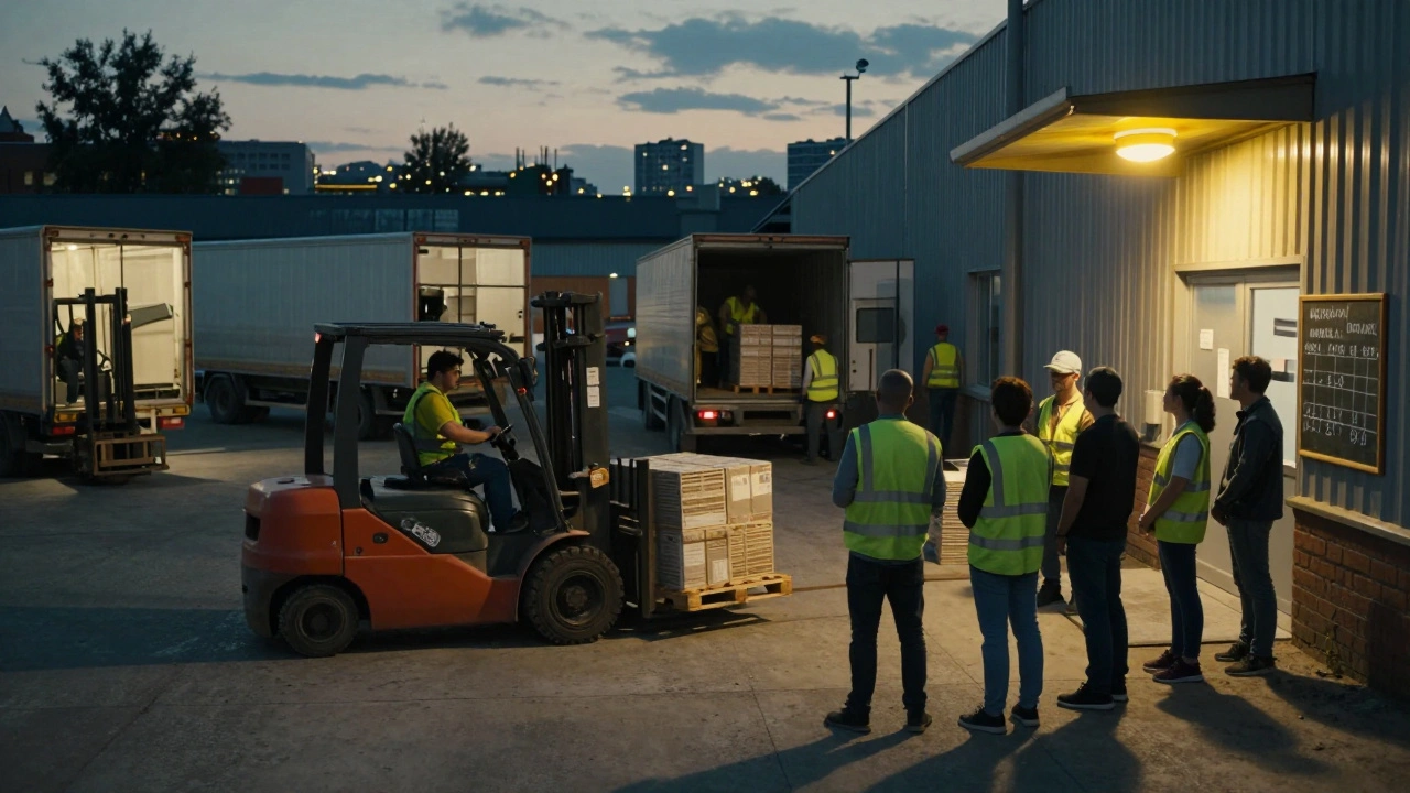 Логістичний центр в Оболоні, робітники завантажують вантажі під вечірнім світлом.