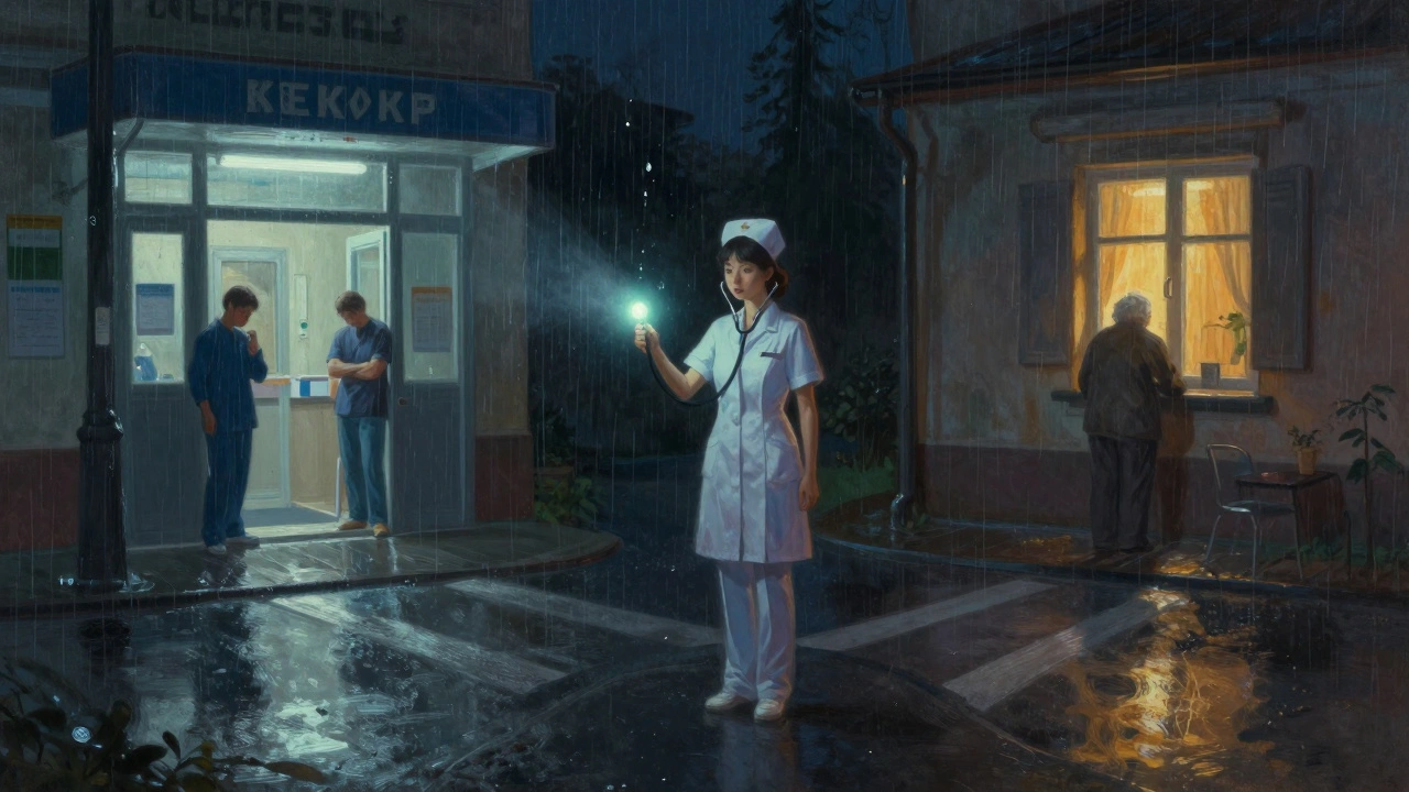 Медсестра на роздоріжжі між лікарнею та дому в дощову ніч.