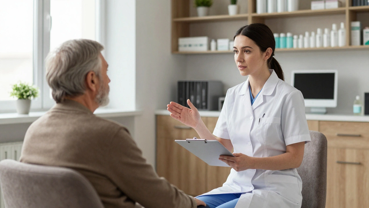 Медсестра розповідає лікування похилому пацієнту в приватній клініці.