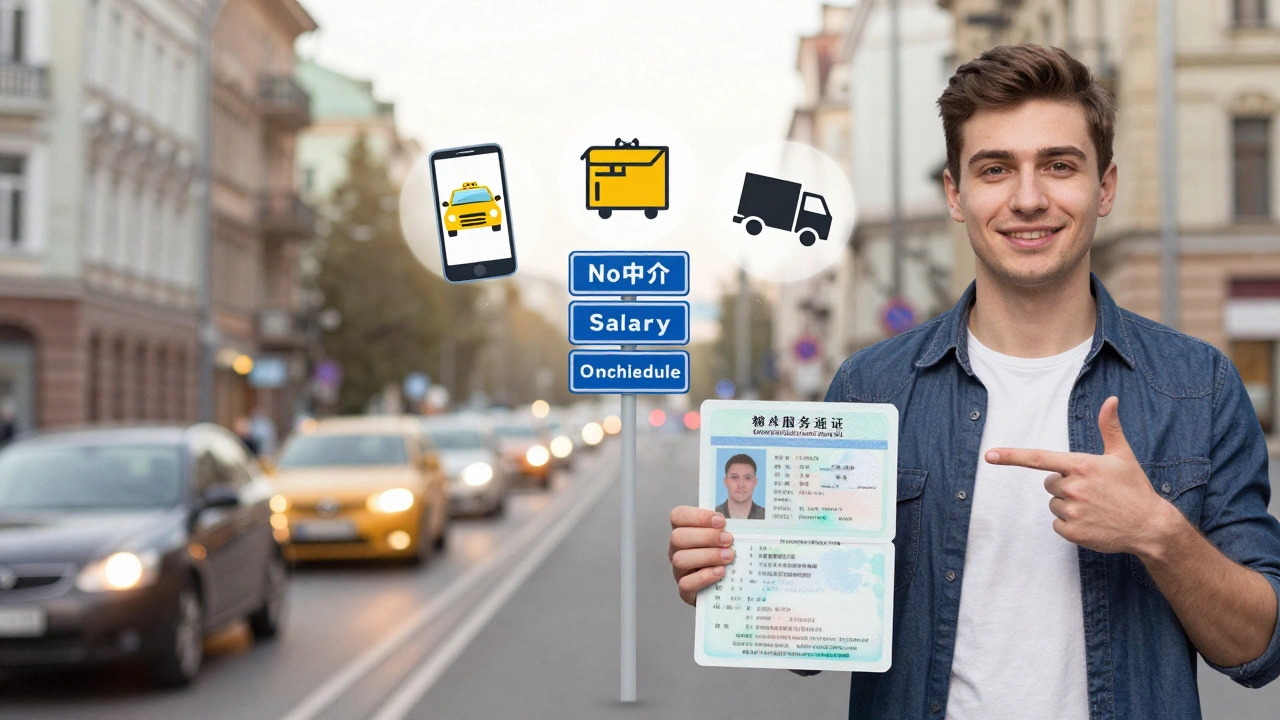 Молодий чоловік тримає права та медичну довідку, перед ним — ікони роботи водія: таксі, кур’єр, фура.