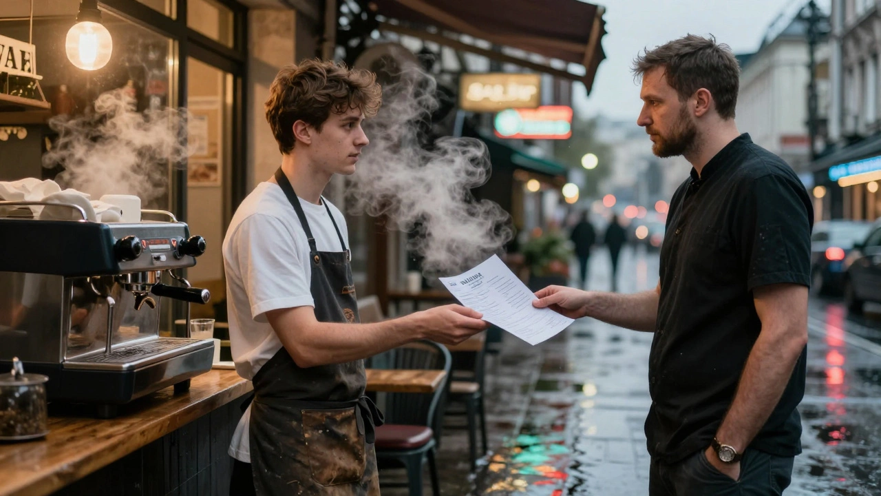 Молодий кандидат подає резюме шеф-кухарю біля кав’ярні в Києві ввечері.