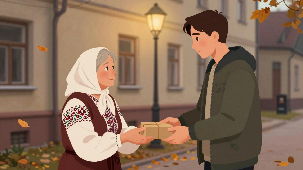 Пенсіонерка передає посилку молодій людині на вулиці старого будинку.