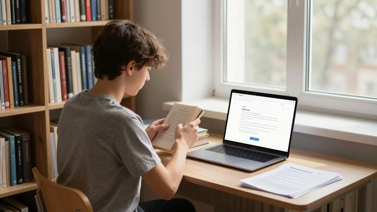 Підліток у бібліотеці працює за столом, поряд — дозвіл батьків і медична книжка.