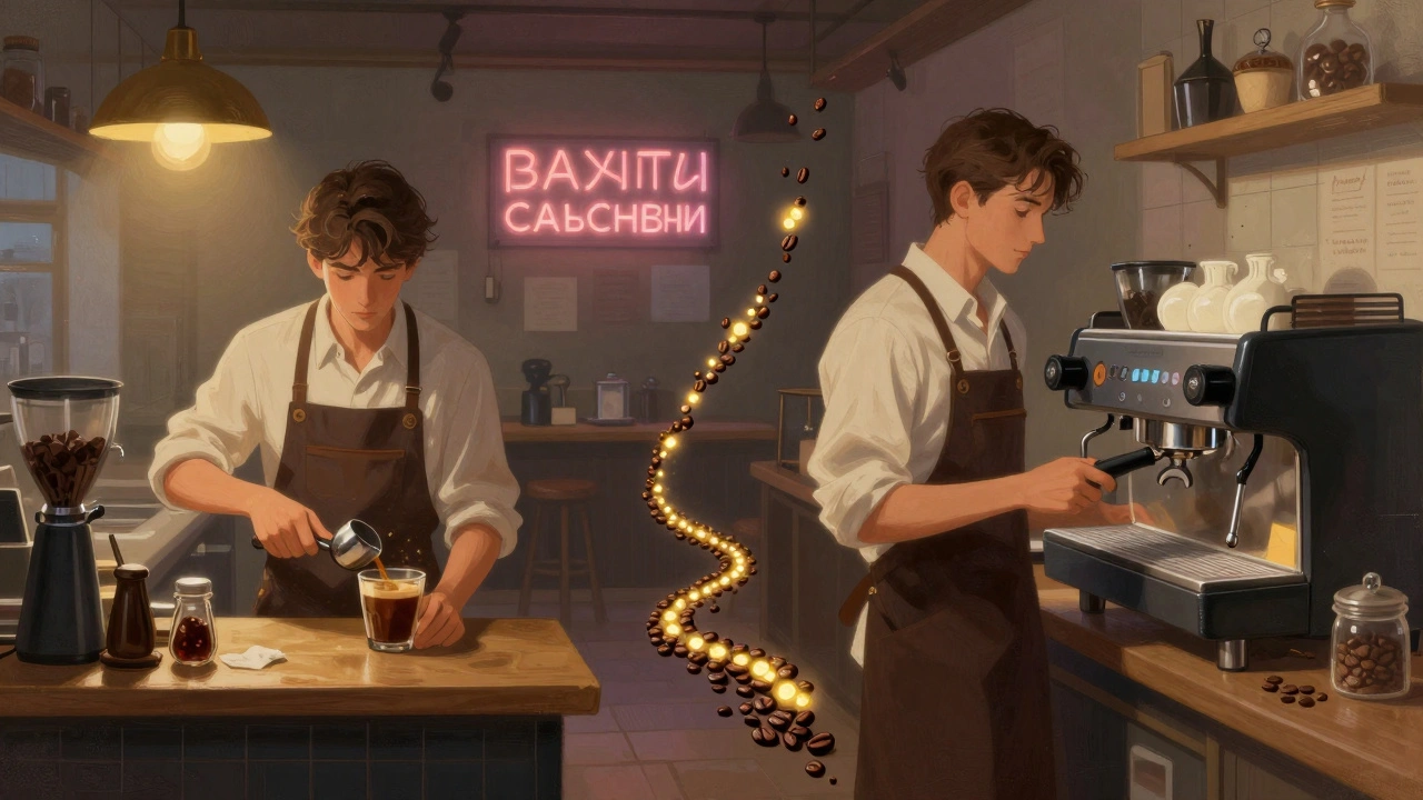 Поділена ілюстрація: початківець зі склянкою кави зліва, профі з еспресо-машиной справа, кавові зерна у вигляді шляху між ними.