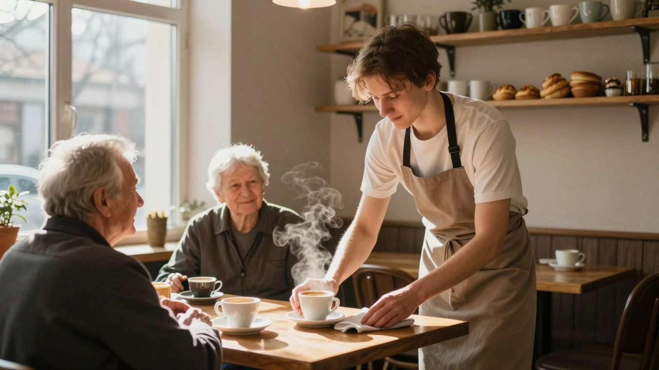 Помічник у кав'ярні прибирає стіл, а старі люди сидять і п'ють каву.