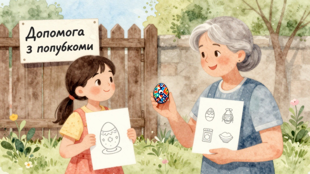 Пожила жінка показує ручну роботу дівчинці на дворі, символізуючи довіру між поколіннями.