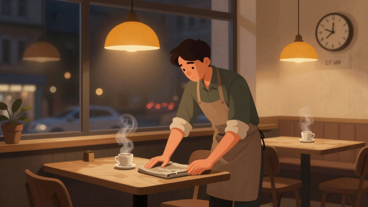 Працівник у кав'ярні Києва прибирає за нічною зміною під теплим світлом.