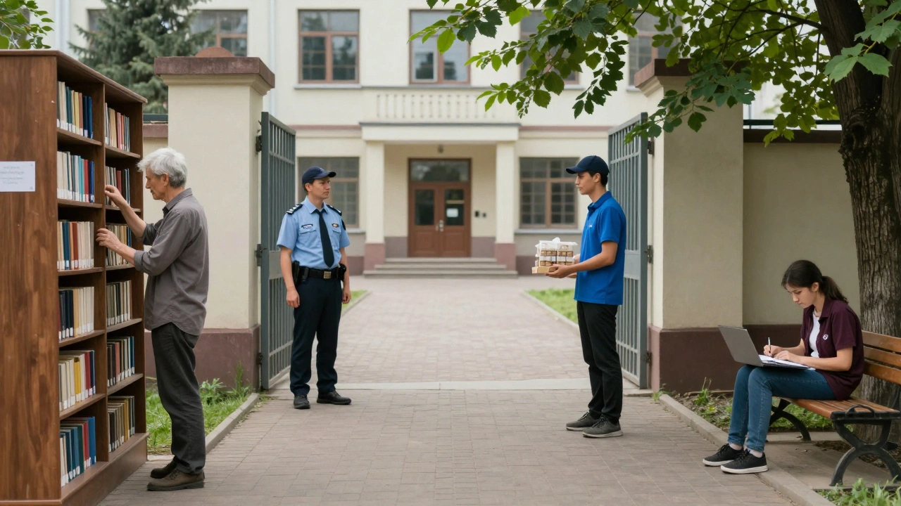 Різні люди підтримують наукову роботу в Академмістечку: бібліотекар, охоронець, кур'єр і студент.