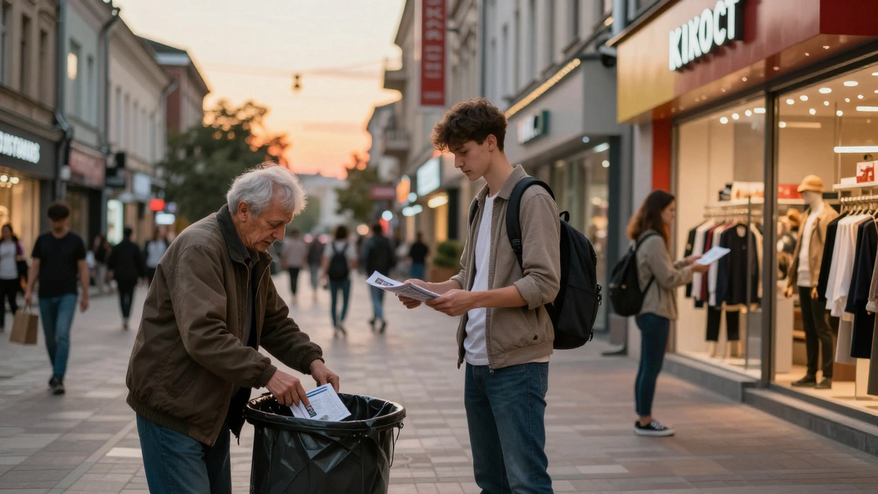 Різні люди працюють у вихідні в Києві: кур'єр, розповсюджувач і продавець під заходом сонця.