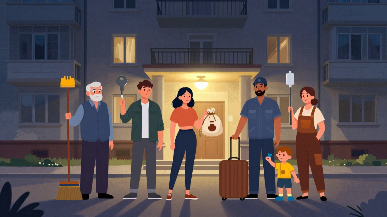 Різні люди стоять перед будинком, символізуючи роботу дворників з житлом.