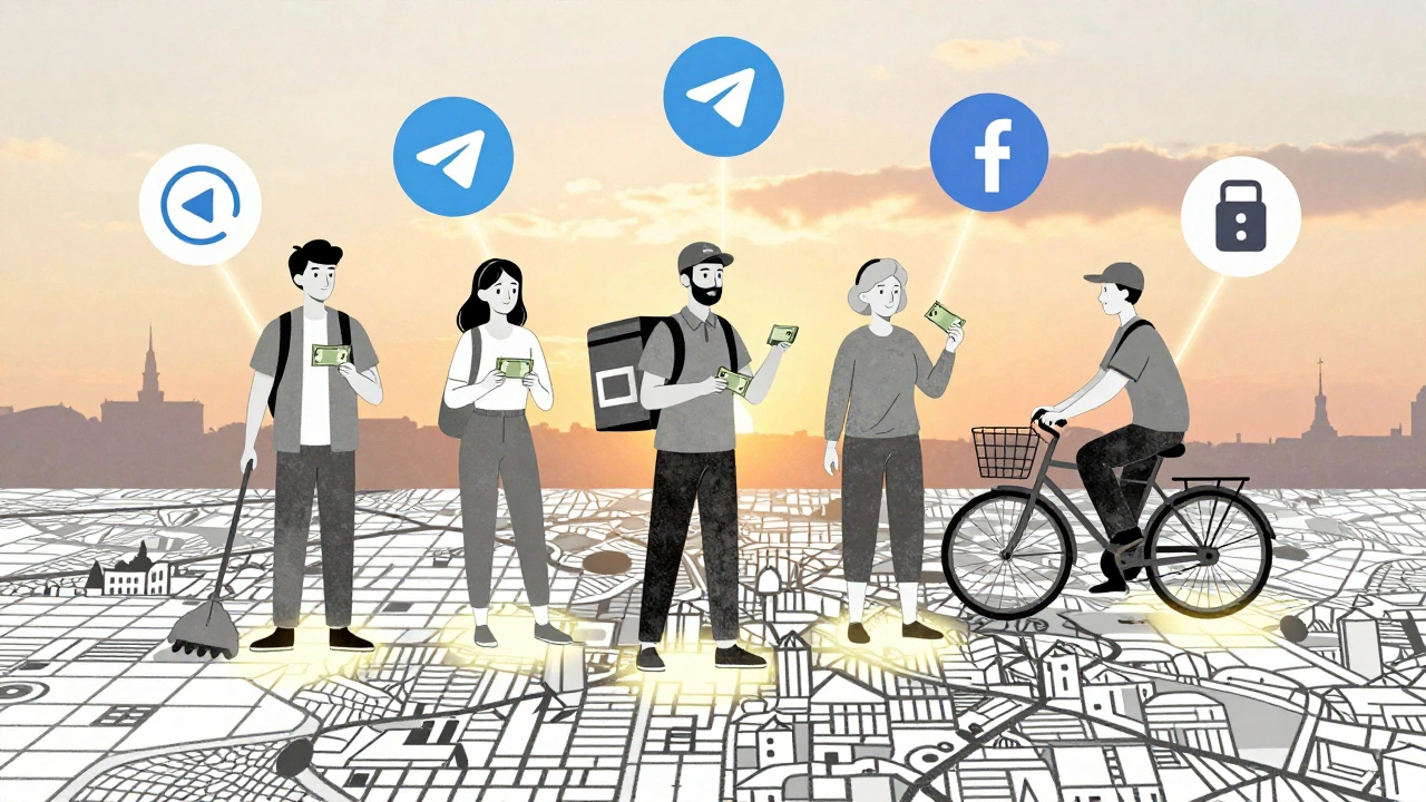 Різні люди в Києві отримують готівку за посуточну роботу, з'єднані картами міста.