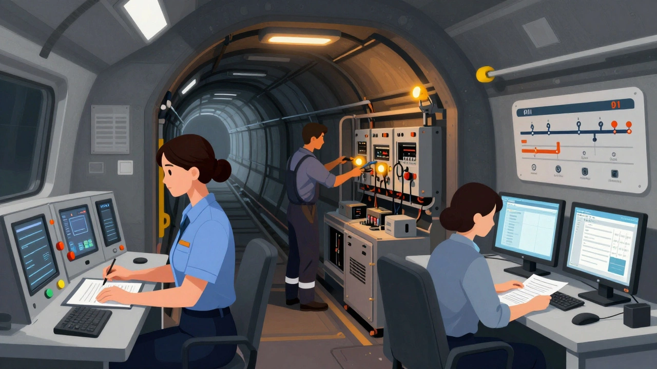 Робітники метрополітену: водій, технік і адміністратор працюють у різних умовах, підсвічувані електричними відтінками.