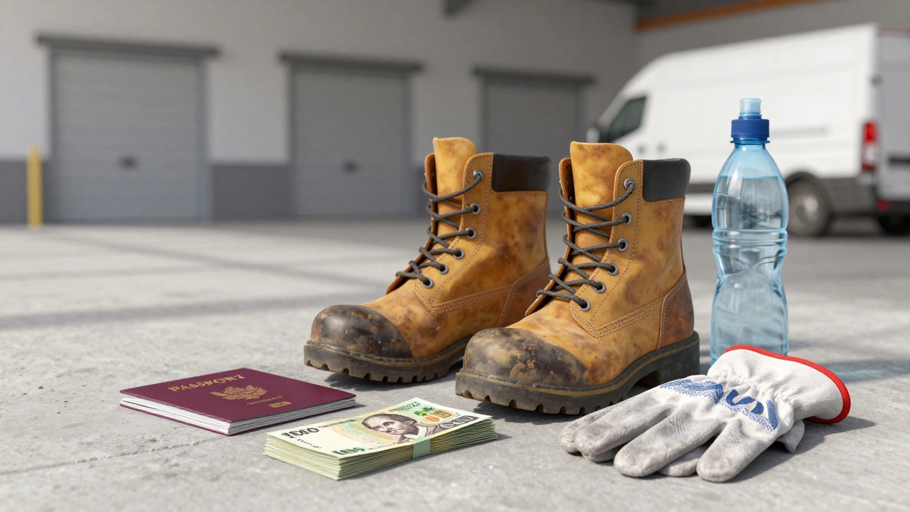 Робочі ботинки, паспорт і готівка символізують щоденну зарплату грузчика.
