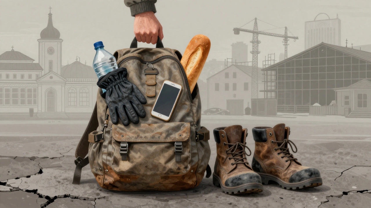 Робочий рюкзак і ботинки на асфальті — символ щоденної праці розноробочого.