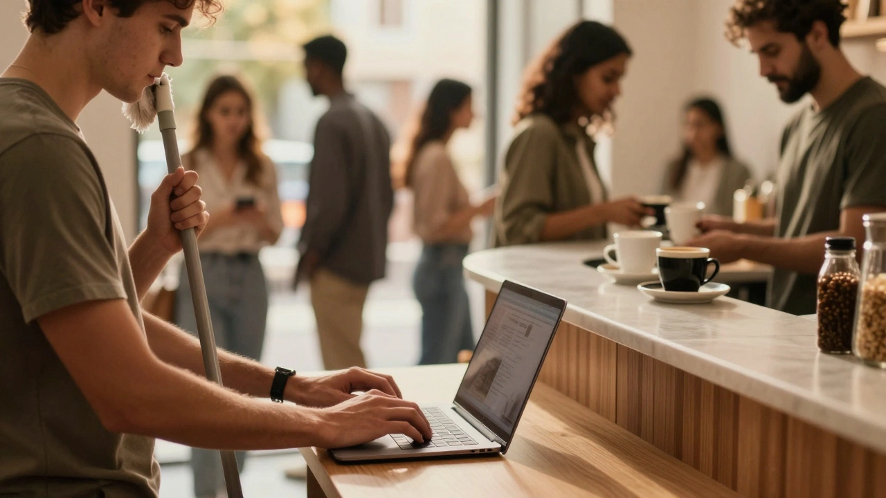 Руки працівника хостелу: мітла, клавіатура, кавоварка — символи різних обов’язків у одному кадрі.