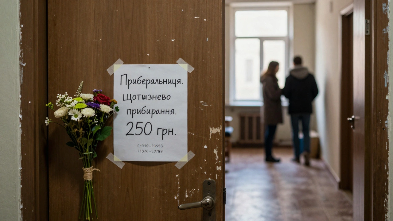 Рукописна нотатка на дверях будинку в Києві з інформацією про послуги прибирання та квітами поруч.