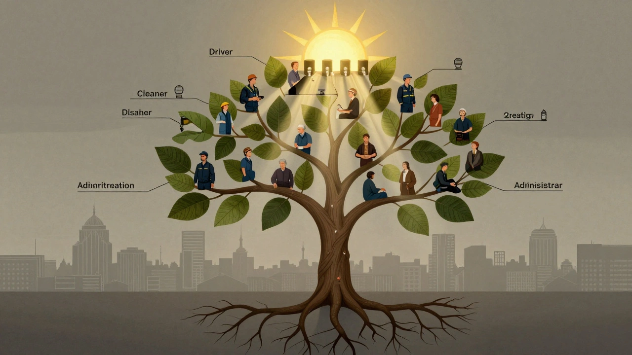 Символічне дерево з гілками, що представляють роботу в метро, росте з карти метрополітену під сонячними променями.