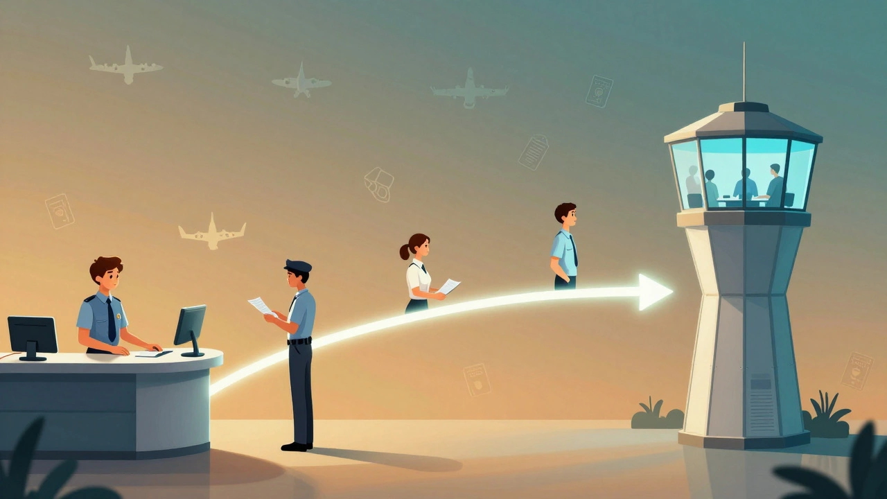 Шлях кар&#039;єри в авіації: від реєстратора до диспетчера — ілюстрація професійного зростання.