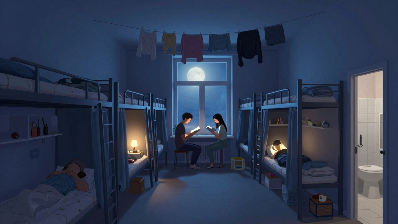 Спільна кімната хостелу вночі: вісім ліжок зі шторками, м’яке місячне світло, людина читає, інша спить.