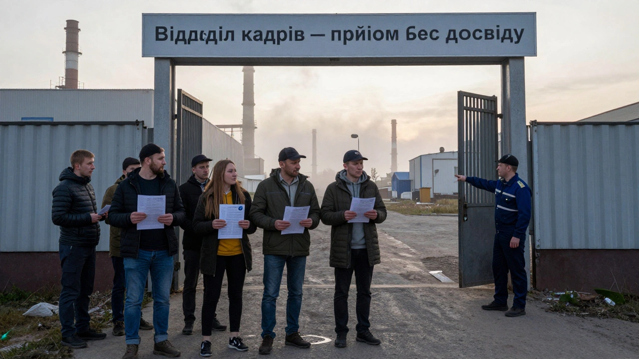 Шукачі роботи чекають біля входу на харчовий завод у Оболоні, тримаючи резюме.