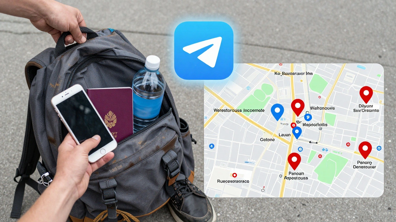 Сумка з необхідними речами поруч із іконкою Telegram та картою Києва.