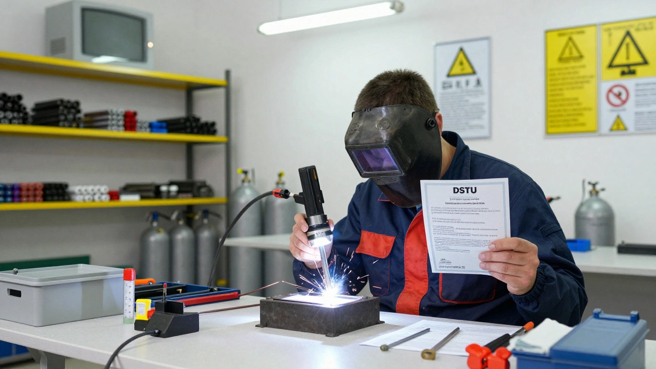 Сварщик інспектує якість зварного шва в майстерні, тримаючи посвідчення та інструменти, навколо — інструменти та електроди.