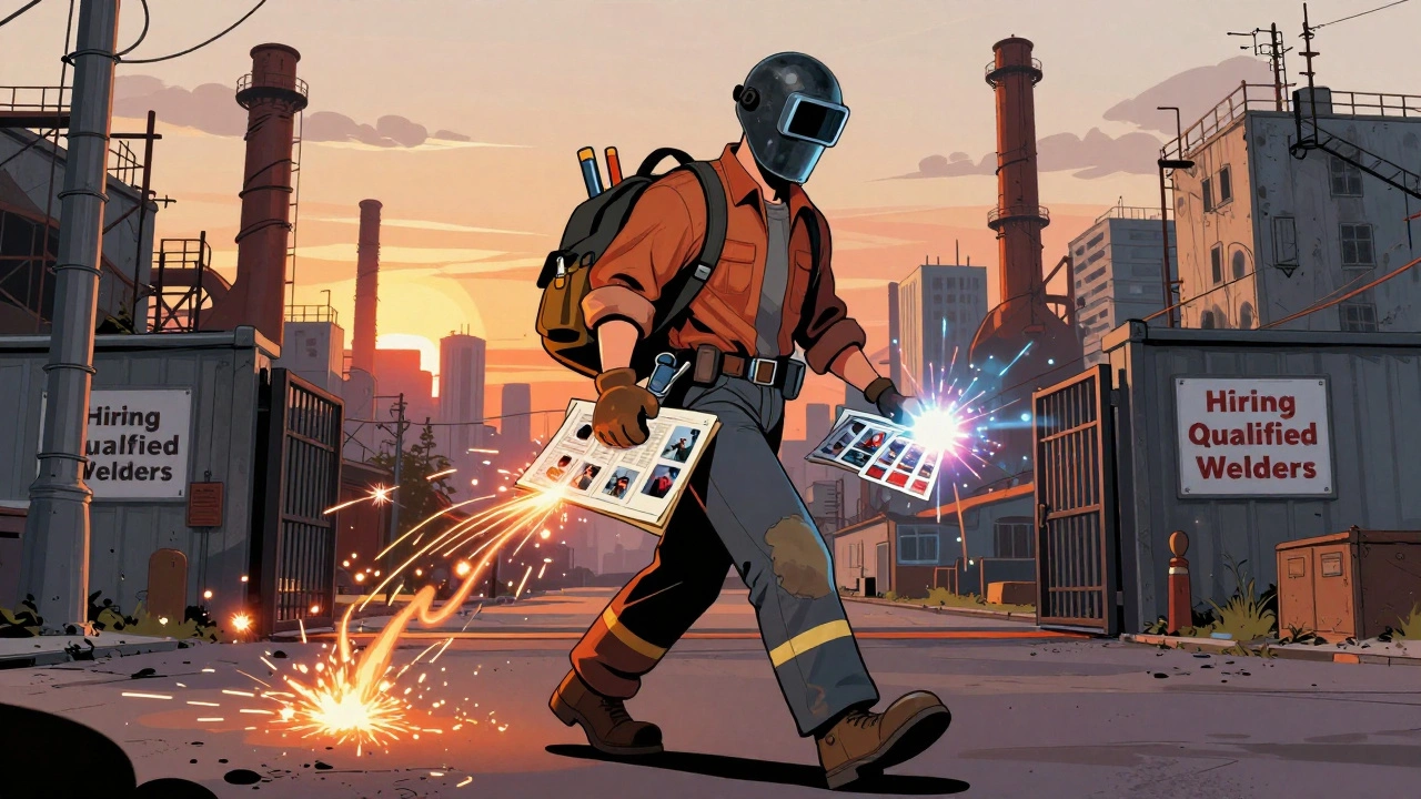 Сварщик з портфоліо йде промисловою зоною Оболонь у Києві, за ним — іскри та написи про вакансії, сонце заходить за будівлями.