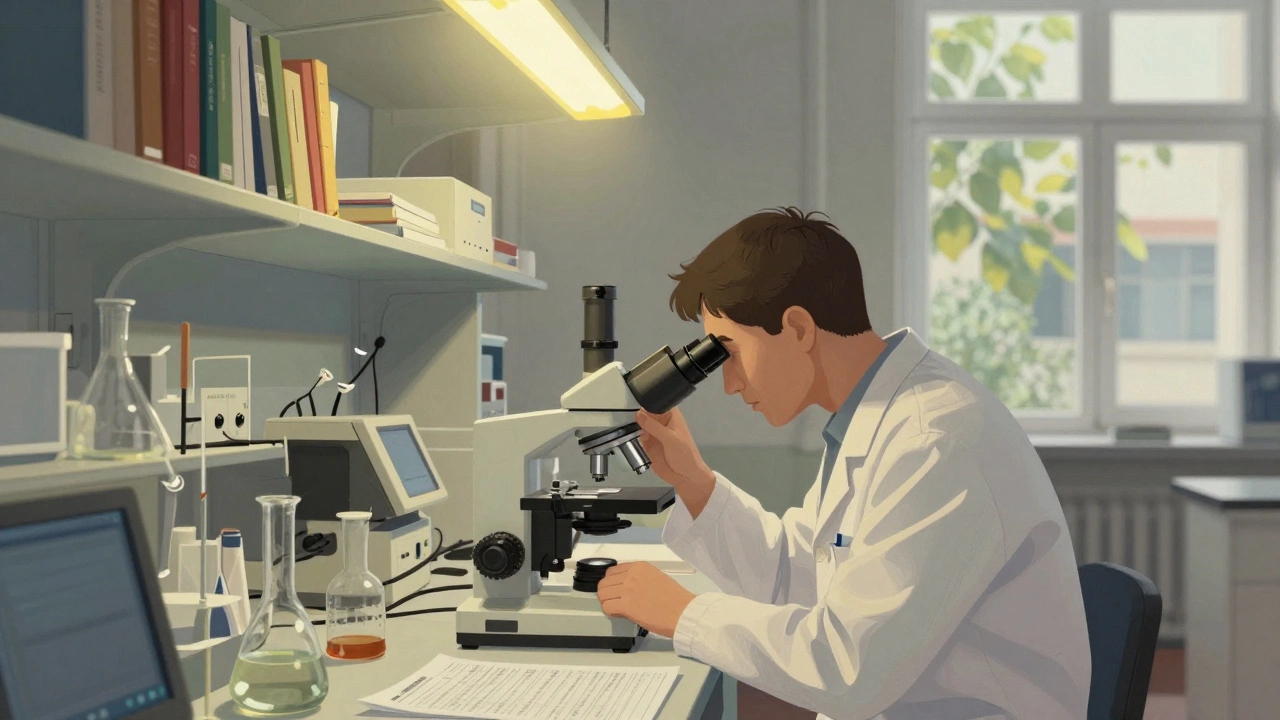 Технік працює в лабораторії з мікроскопом, навколо — лабораторне обладнання і книги.