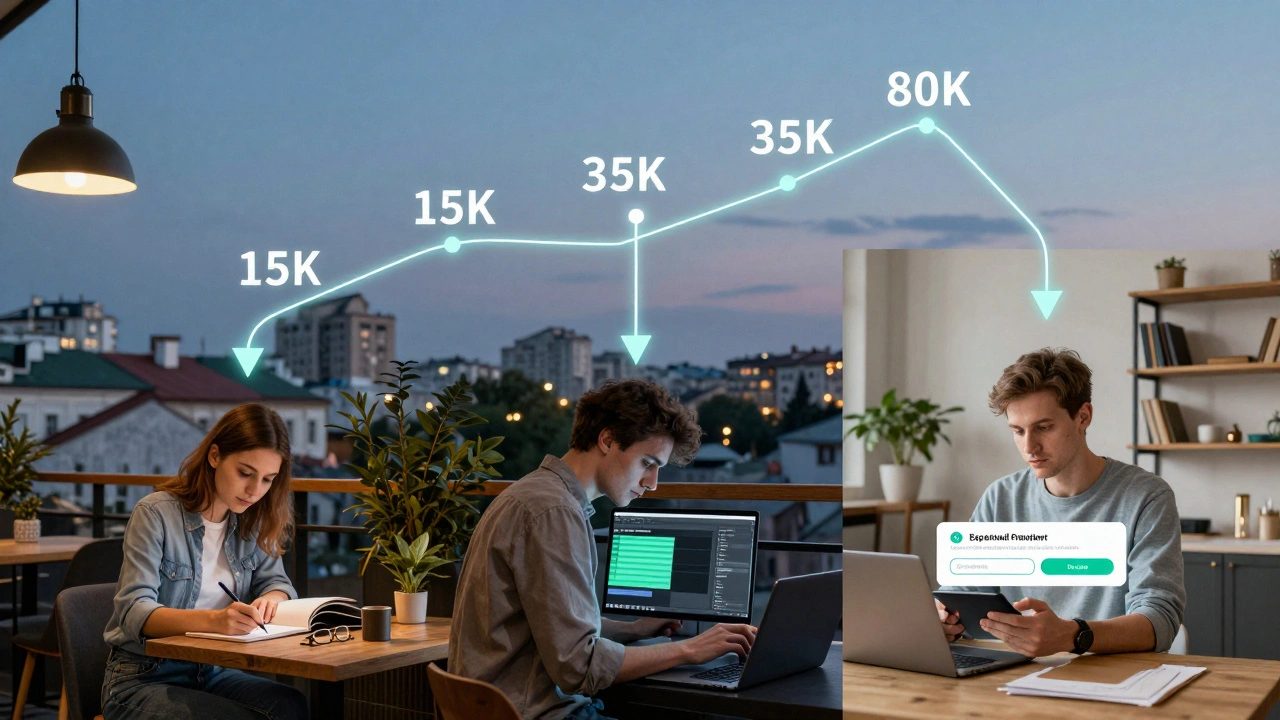 Три рівні фрілансерів у Києві: початківець, середній та профі — з позначками доходів 15к, 35к, 80к.