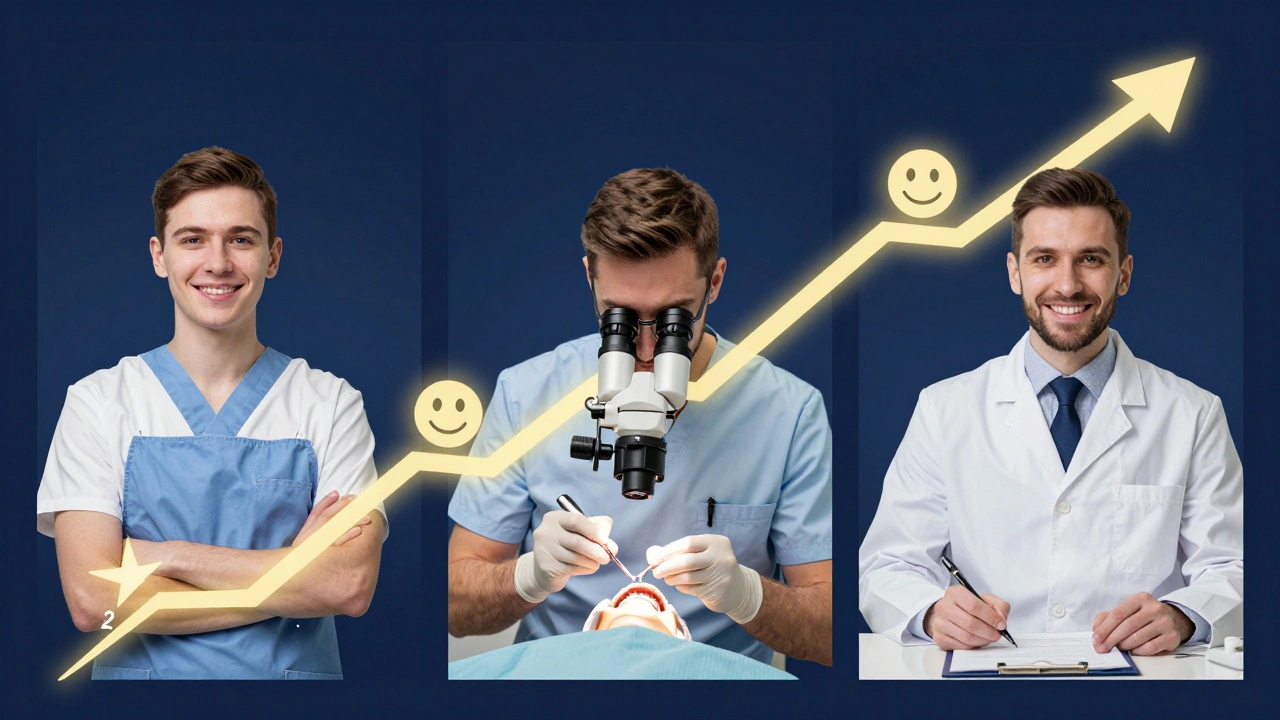 Візуальна історія кар'єри стоматолога: від стажера до власника клініки в Києві.