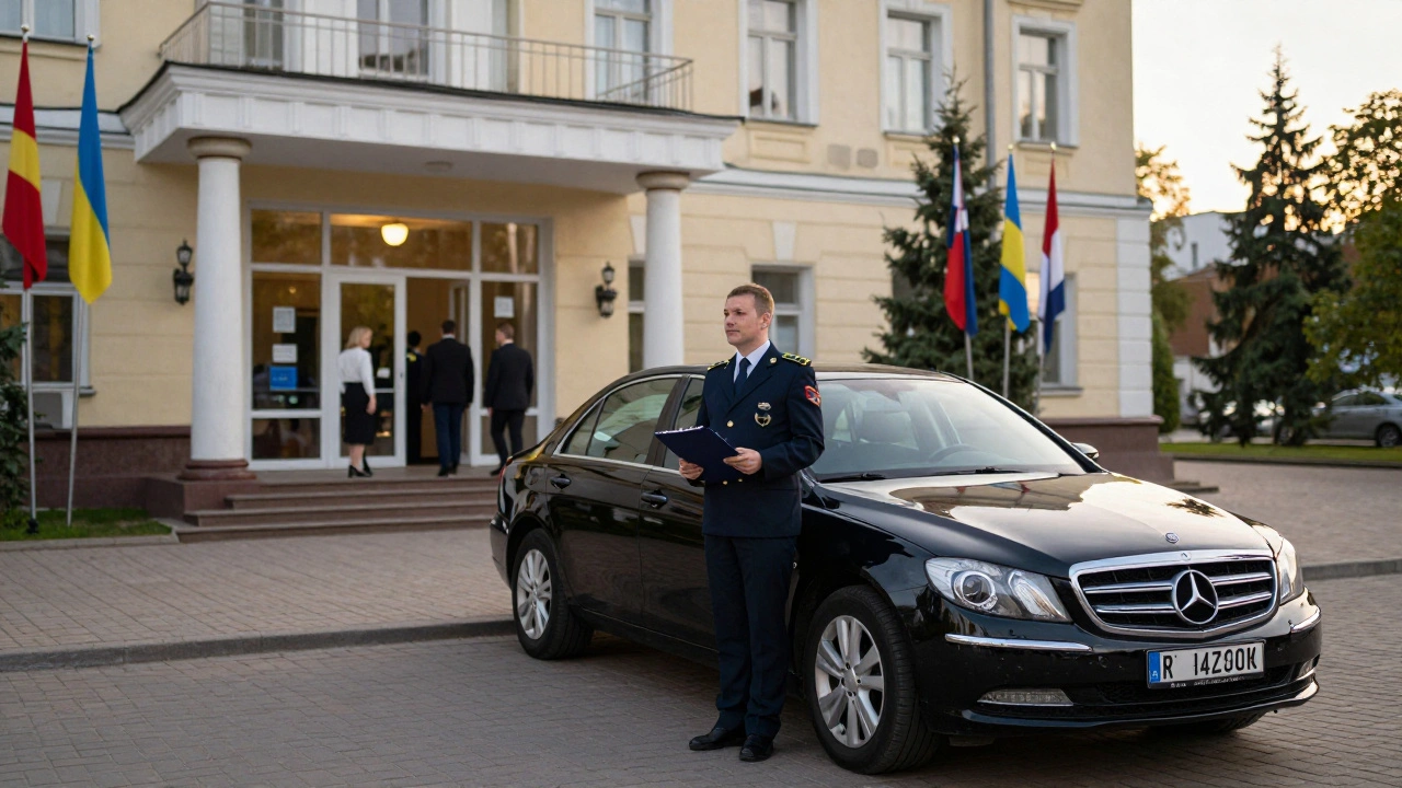Водій посольства чекає біля службового автомобіля з дипломатичними номерами.