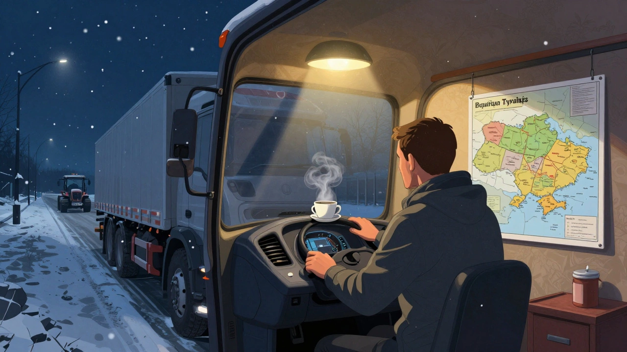Водій вантажівки вночі на відпочинку, кава на панелі, сніг за вікном, Україна на тлі.