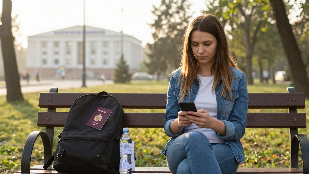 Жінка на лавці в парку з паспортом та контактами для допомоги — символ виходу та самопідтримки.