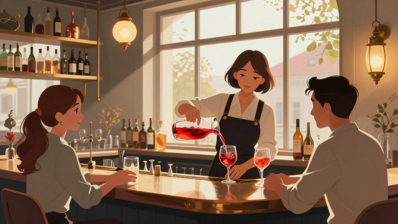 Жінка-офіціантка та бармен працюють у модному барі на Подолі, освітлені теплим сонячним світлом.