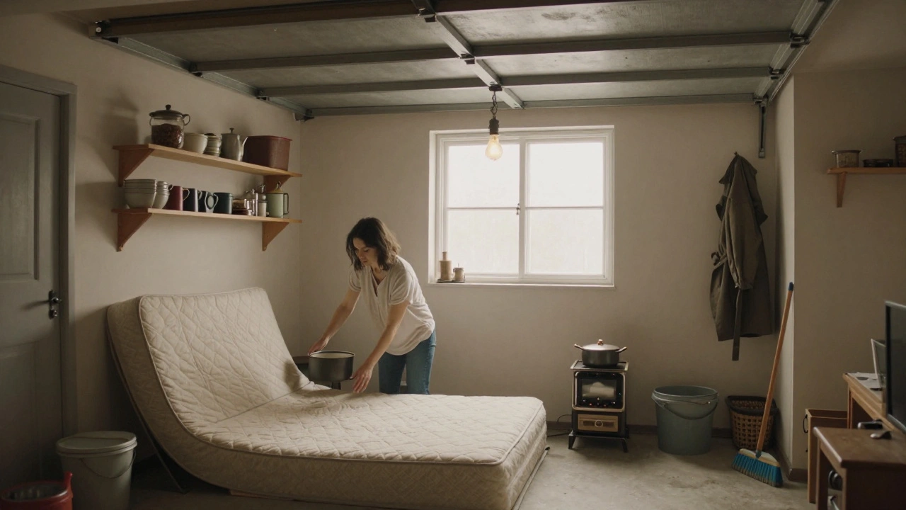 Жінка розставляє речі в маленькій кімнаті, перебудованій з гаража.