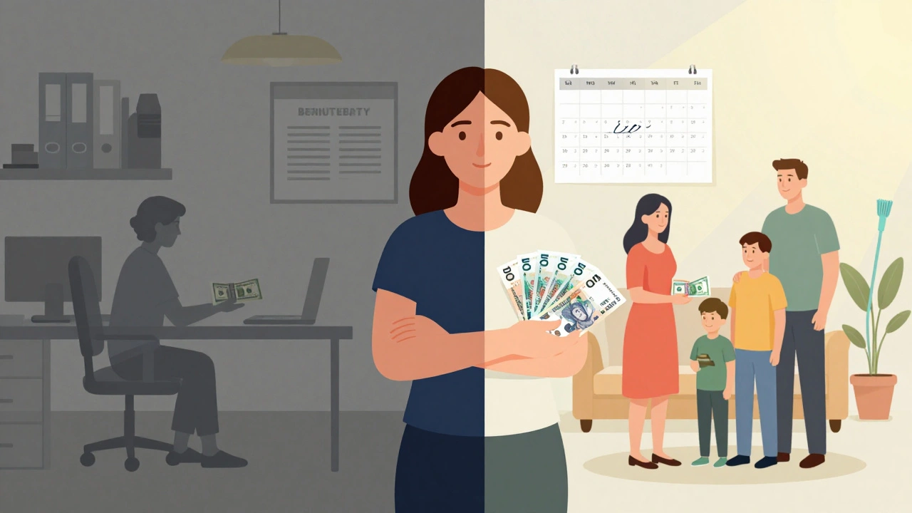 Жінка стоїть між двома світами: один — експлуатація агентством, інший — чесна оплата від сім&#039;ї.