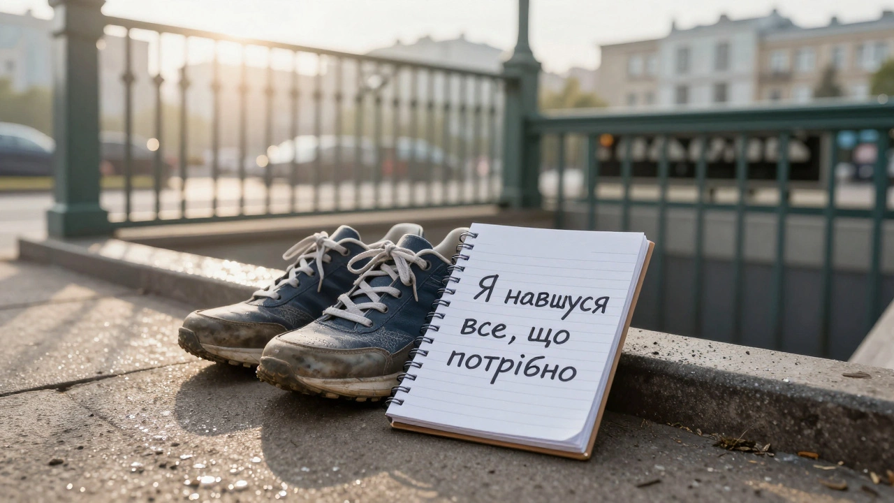 Чисті кросівки і зошит із написом на тротуарі біля метро на Лівому березі Києва.