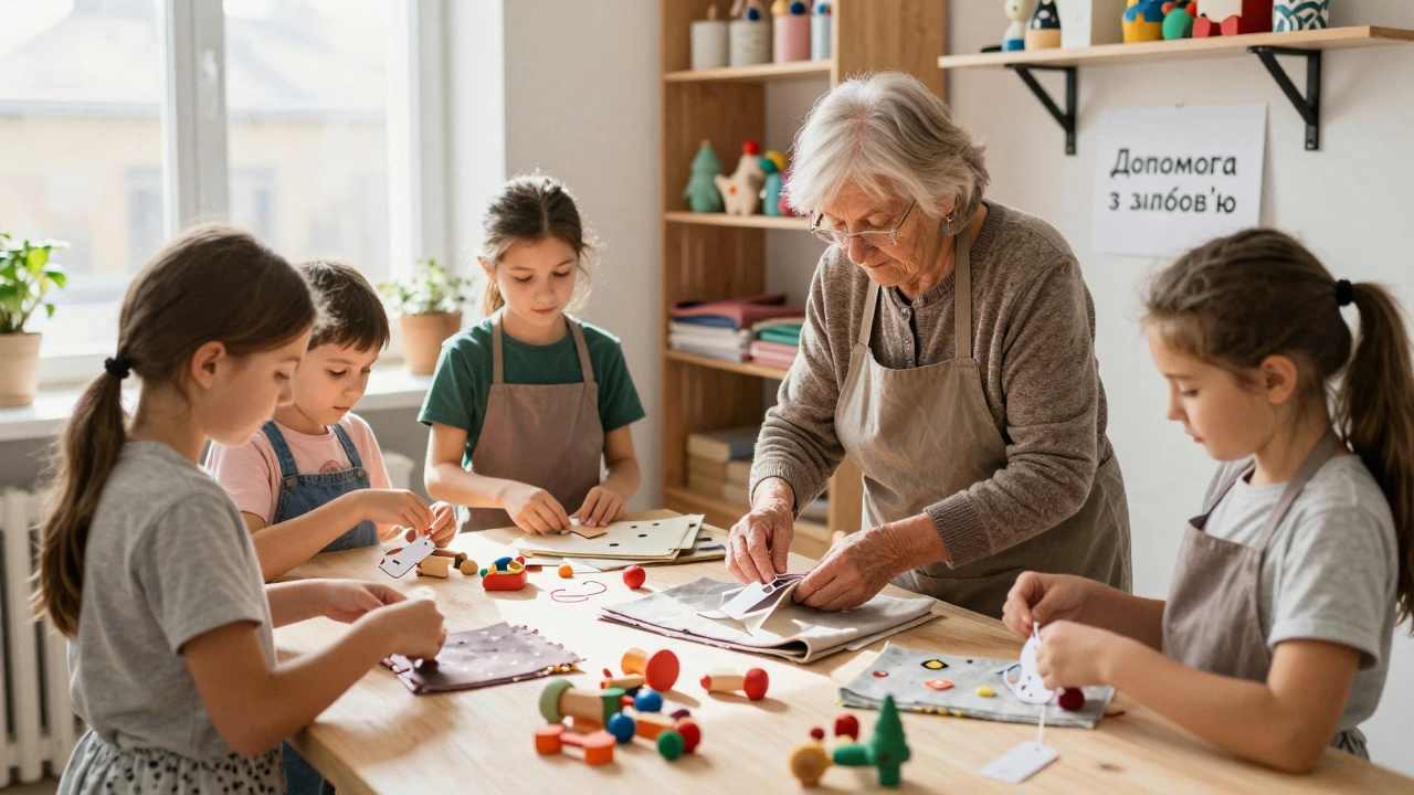 Діти допомагають майстру з виготовленням ручних виробів.