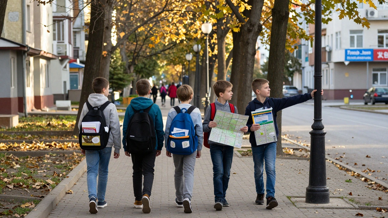 Діти йдуть з оголошеннями по вулиці Оболоні в Києві.
