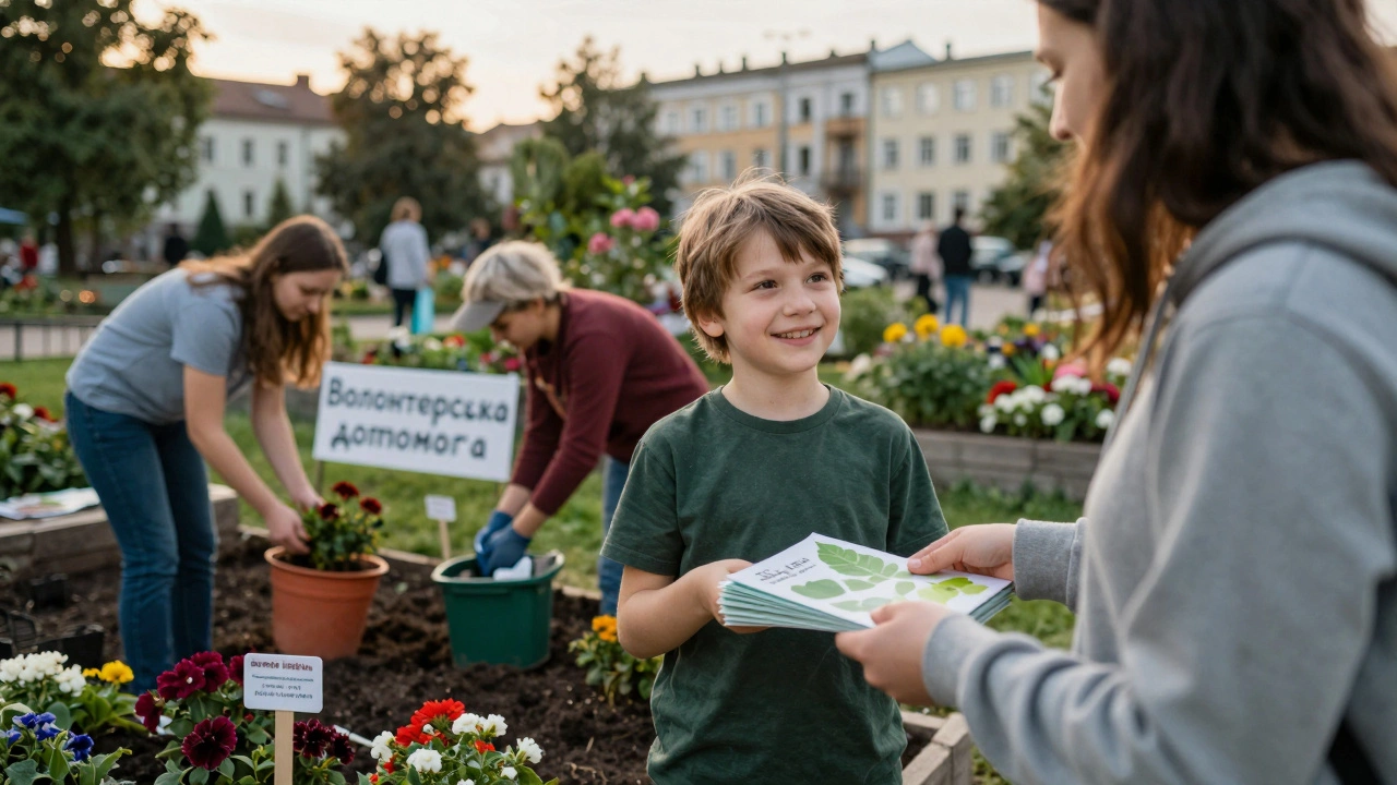 Дитина роздає листівки в парку разом з волонтерами.